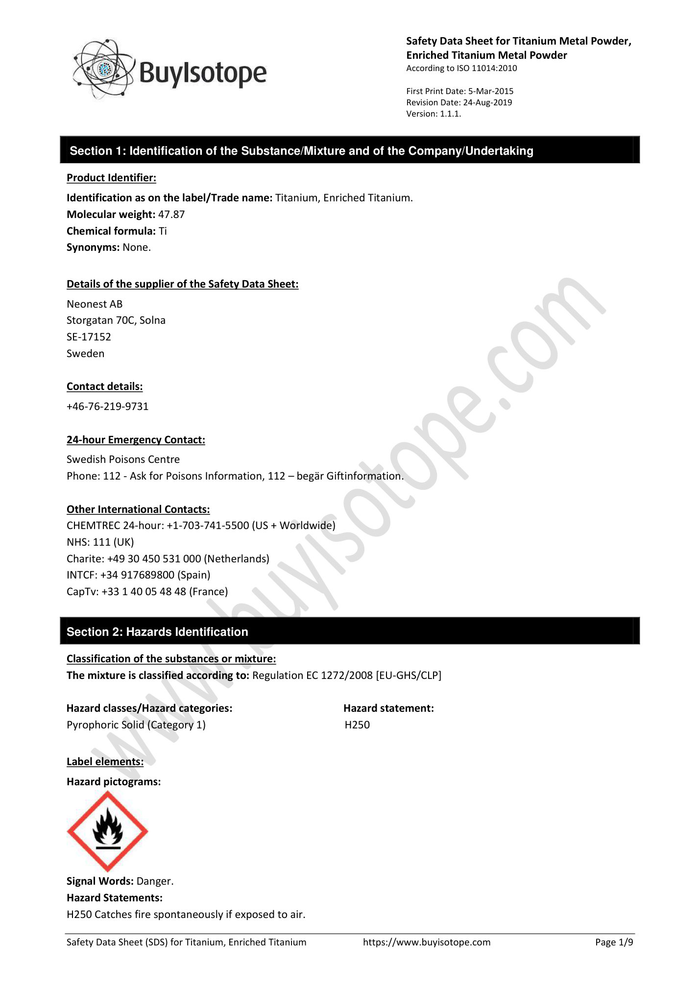 Titanium-50 metal powder safety data sheet — page 1