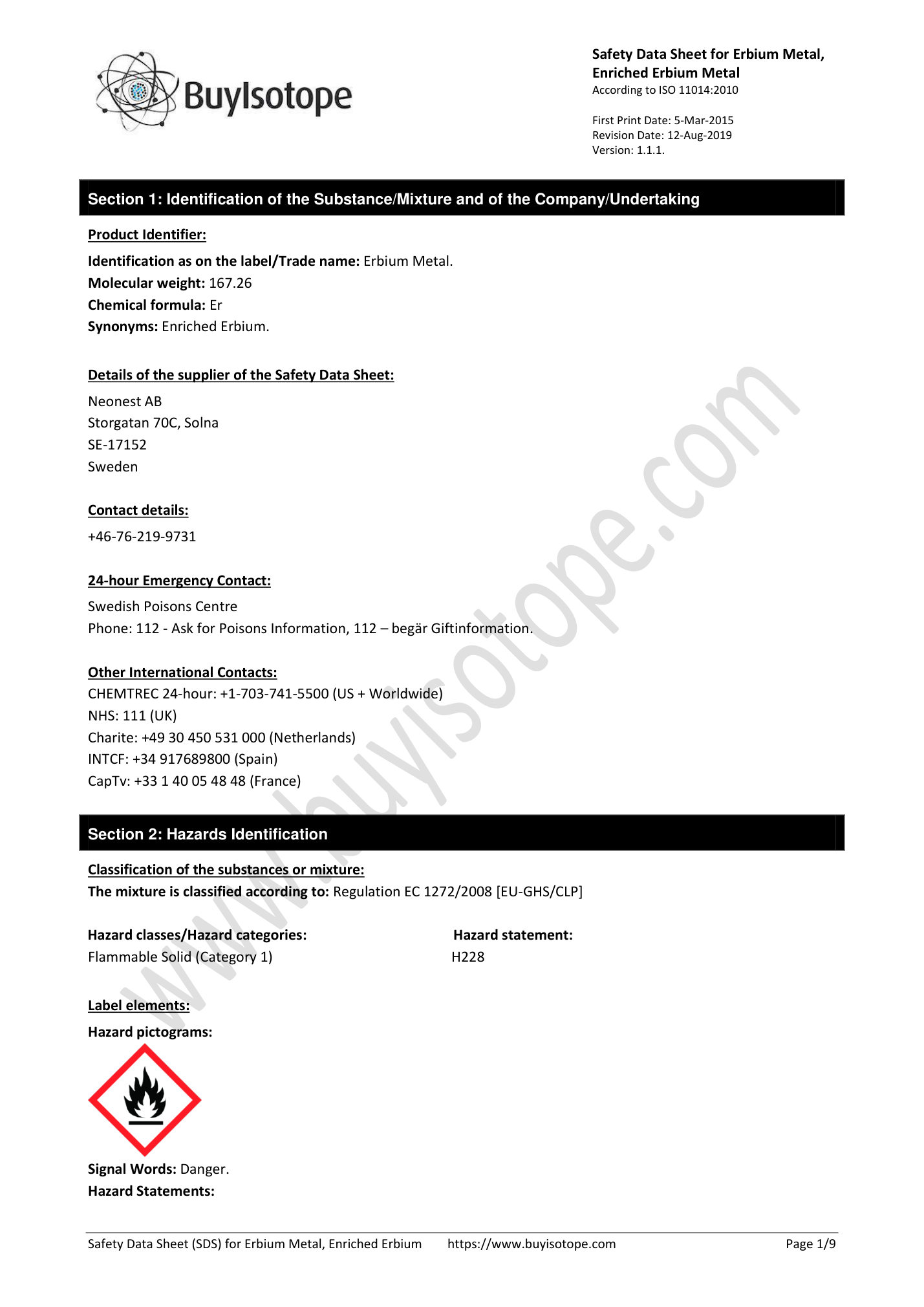 Erbium-166 metal safety data sheet — page 1