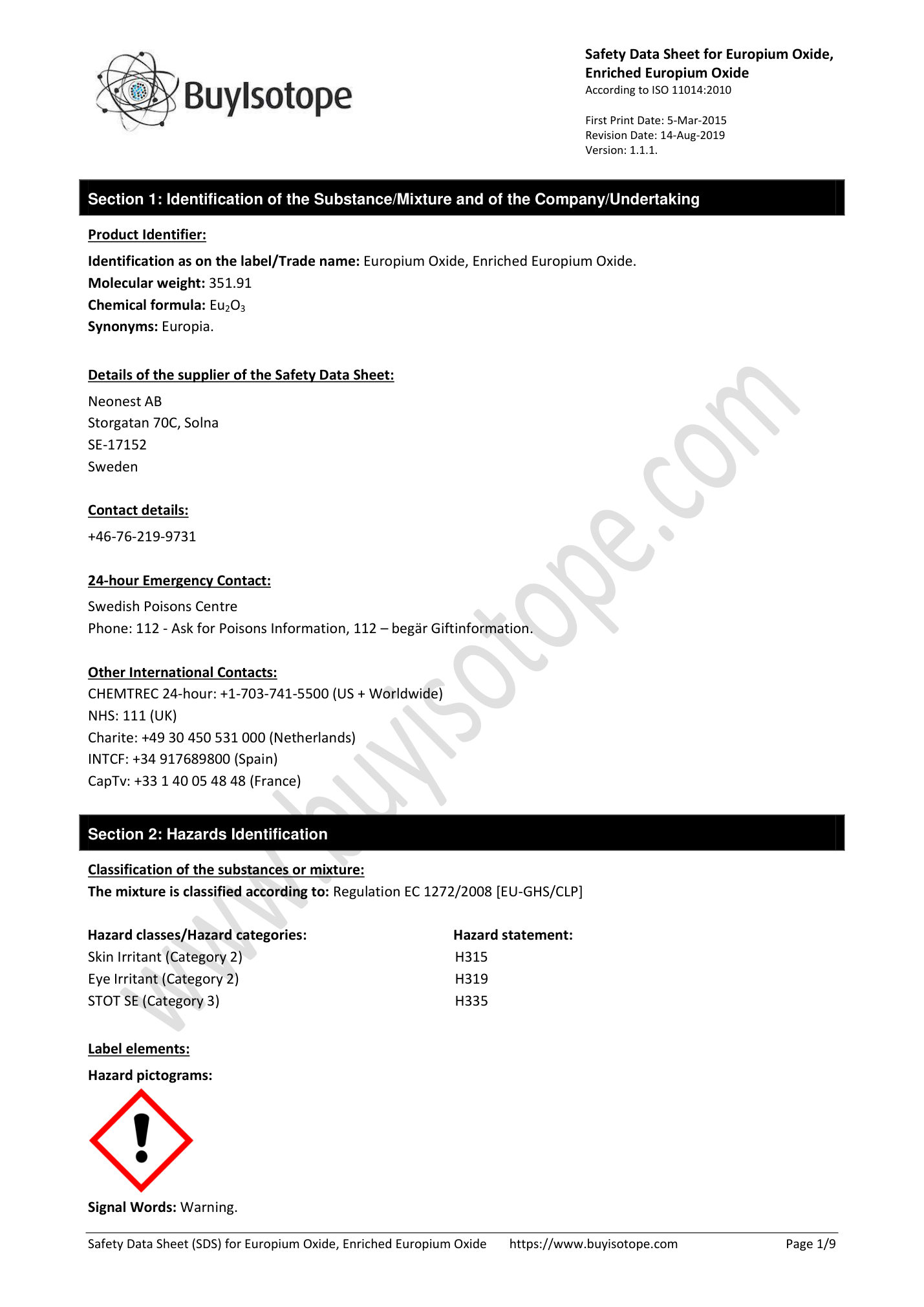 Europium-151 oxide safety data sheet — page 1