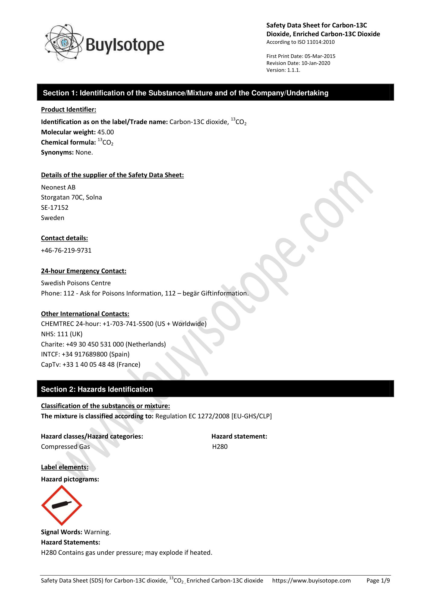 Carbon dioxide safety data sheet — page 1