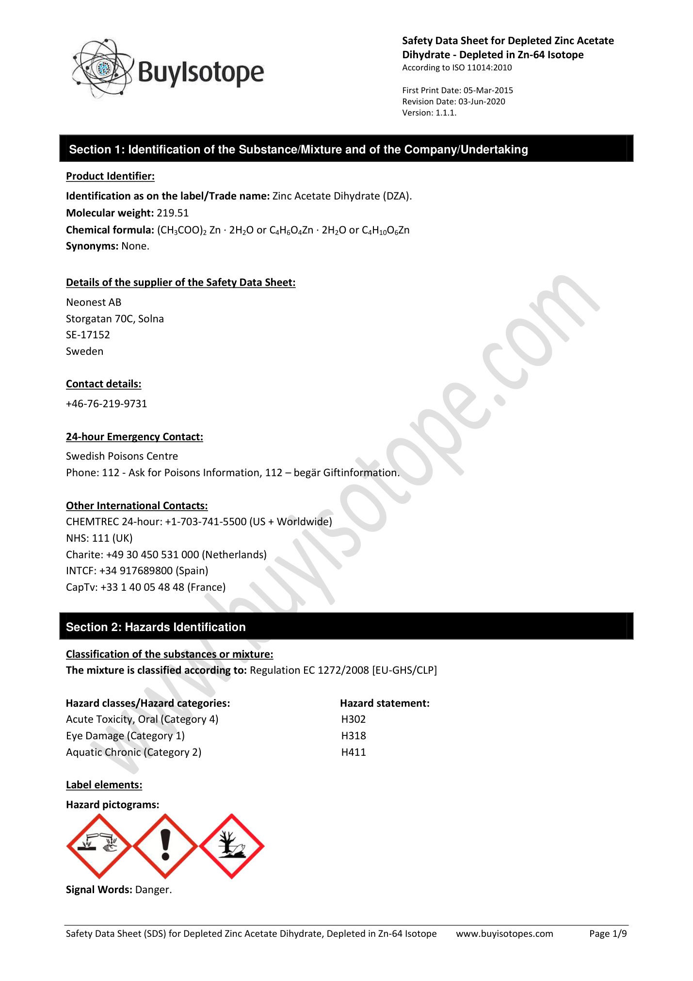 Depleted-zinc acetate dihydrate safety data sheet — page 1
