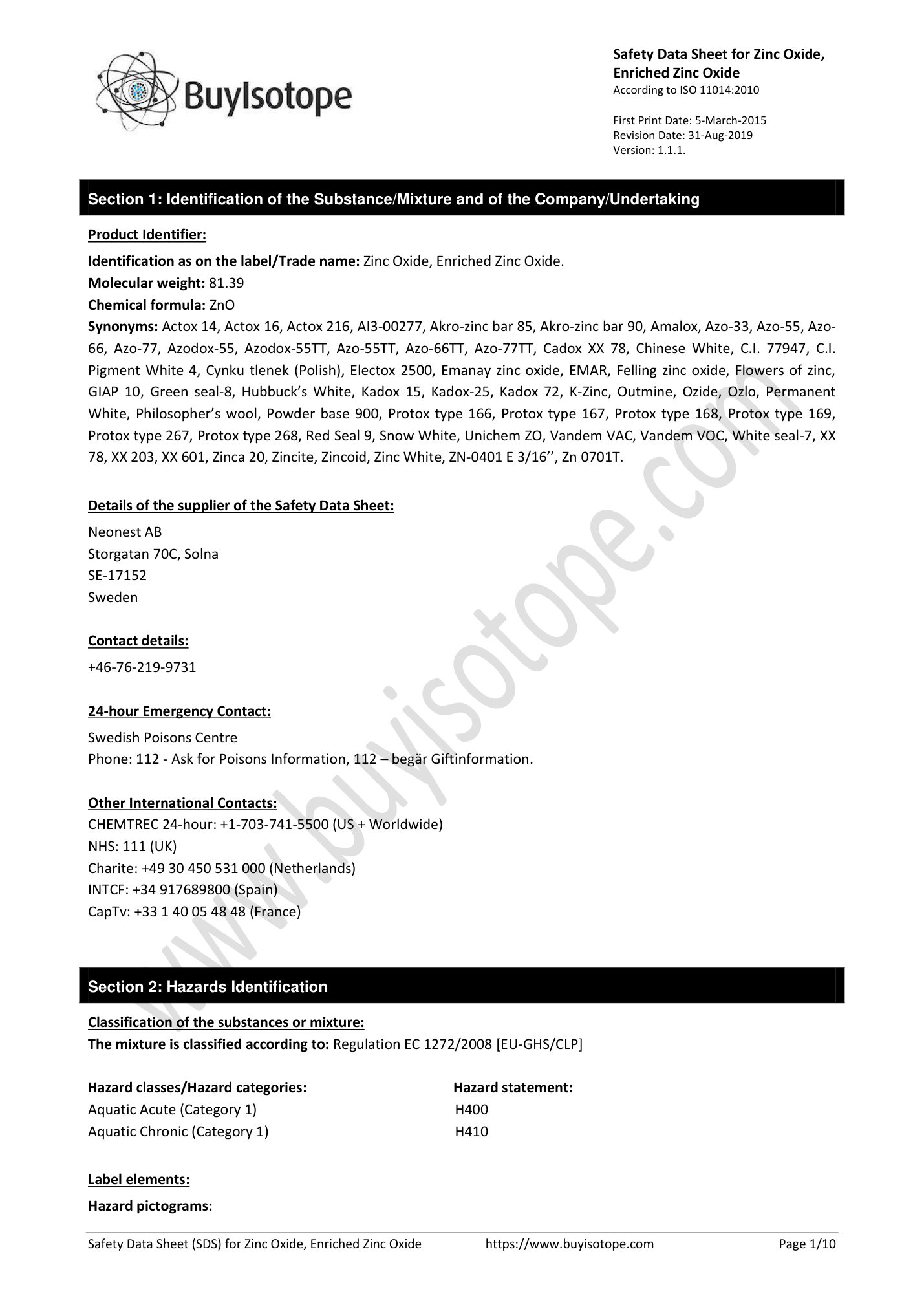 Zinc oxide safety data sheet — page 1