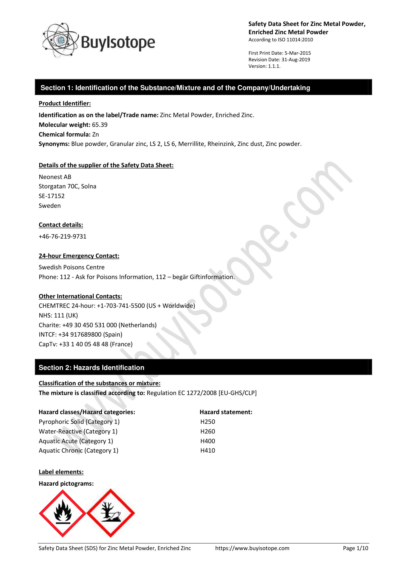 Zinc metal powder safety data sheet — page 1