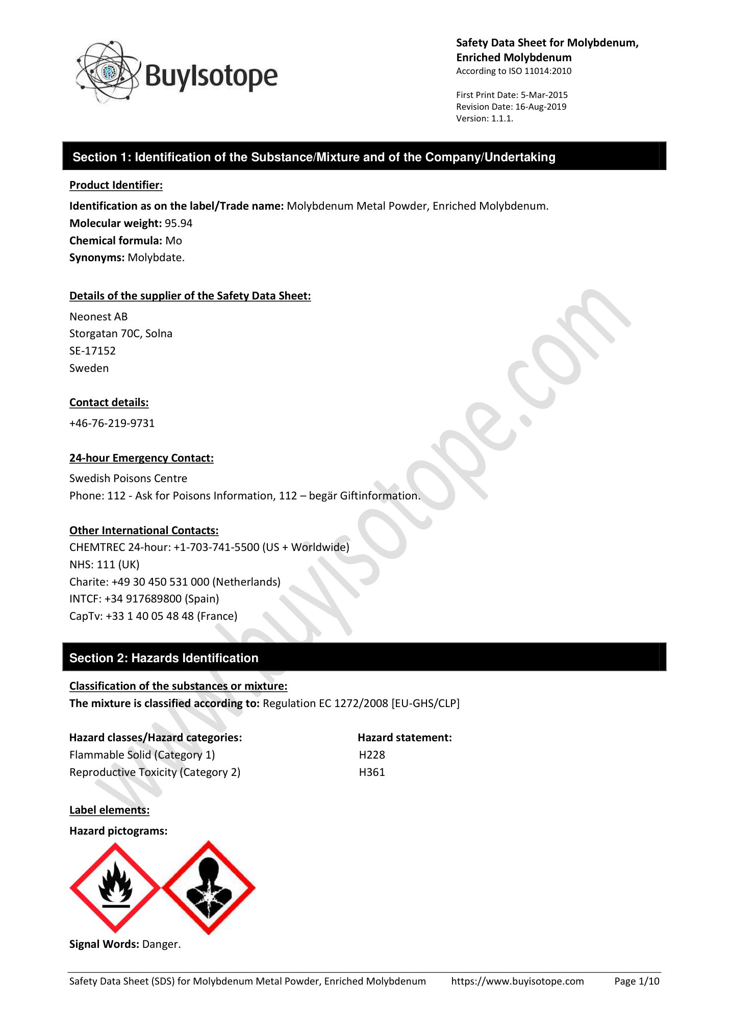 Molybdenum metal safety data sheet — page 1