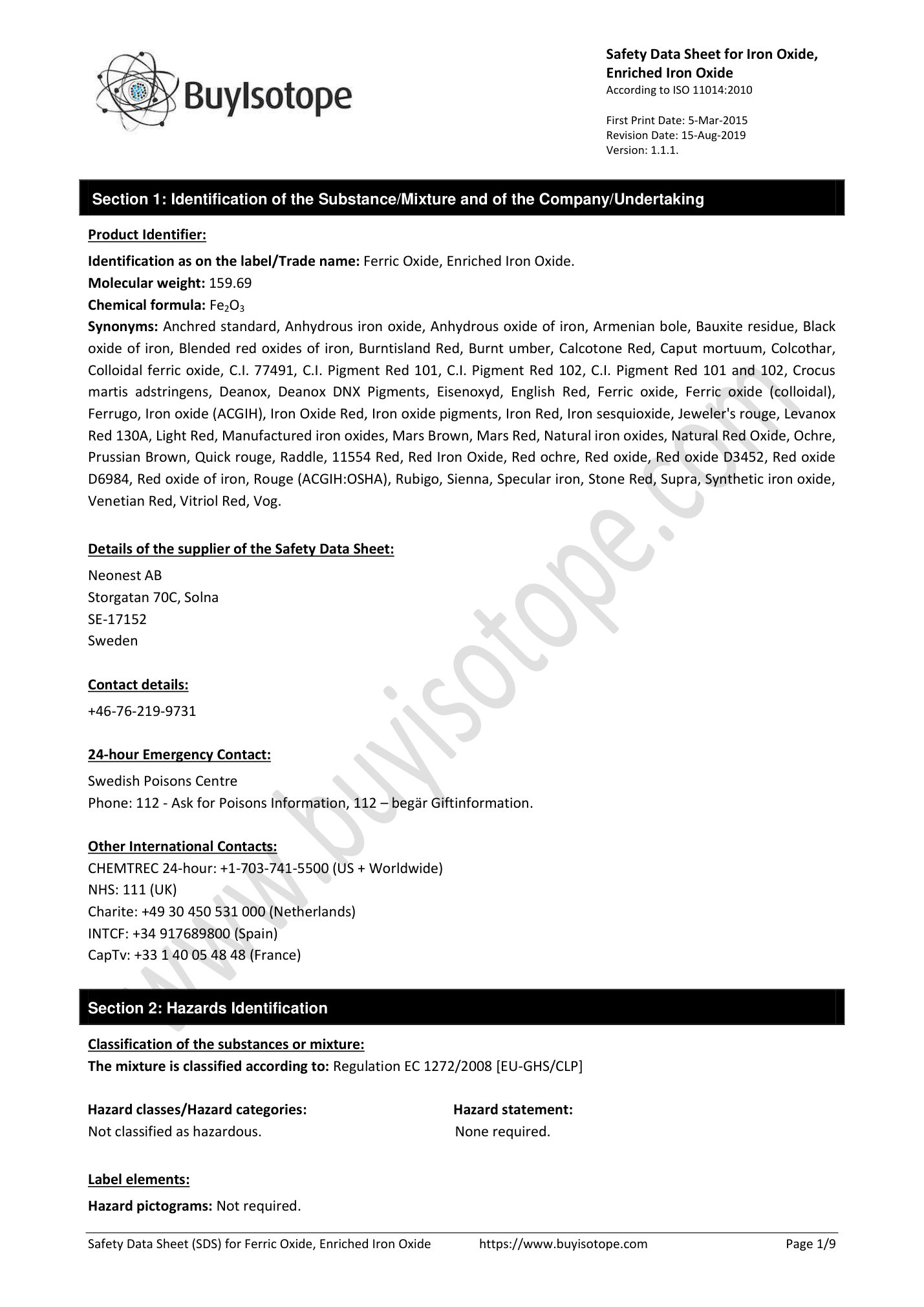 Iron oxide safety data sheet — page 1