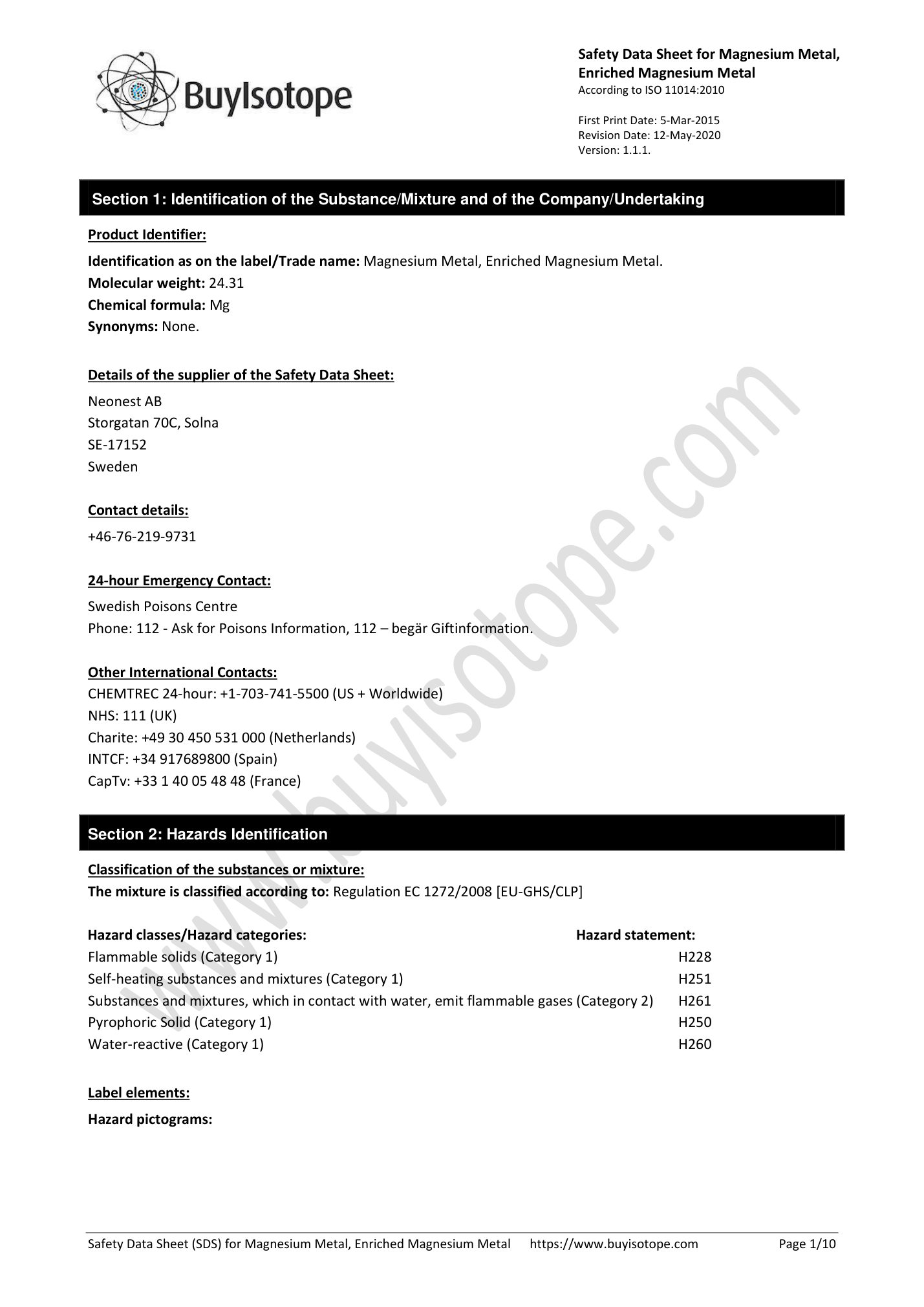 Magnesium metal safety data sheet — page 1