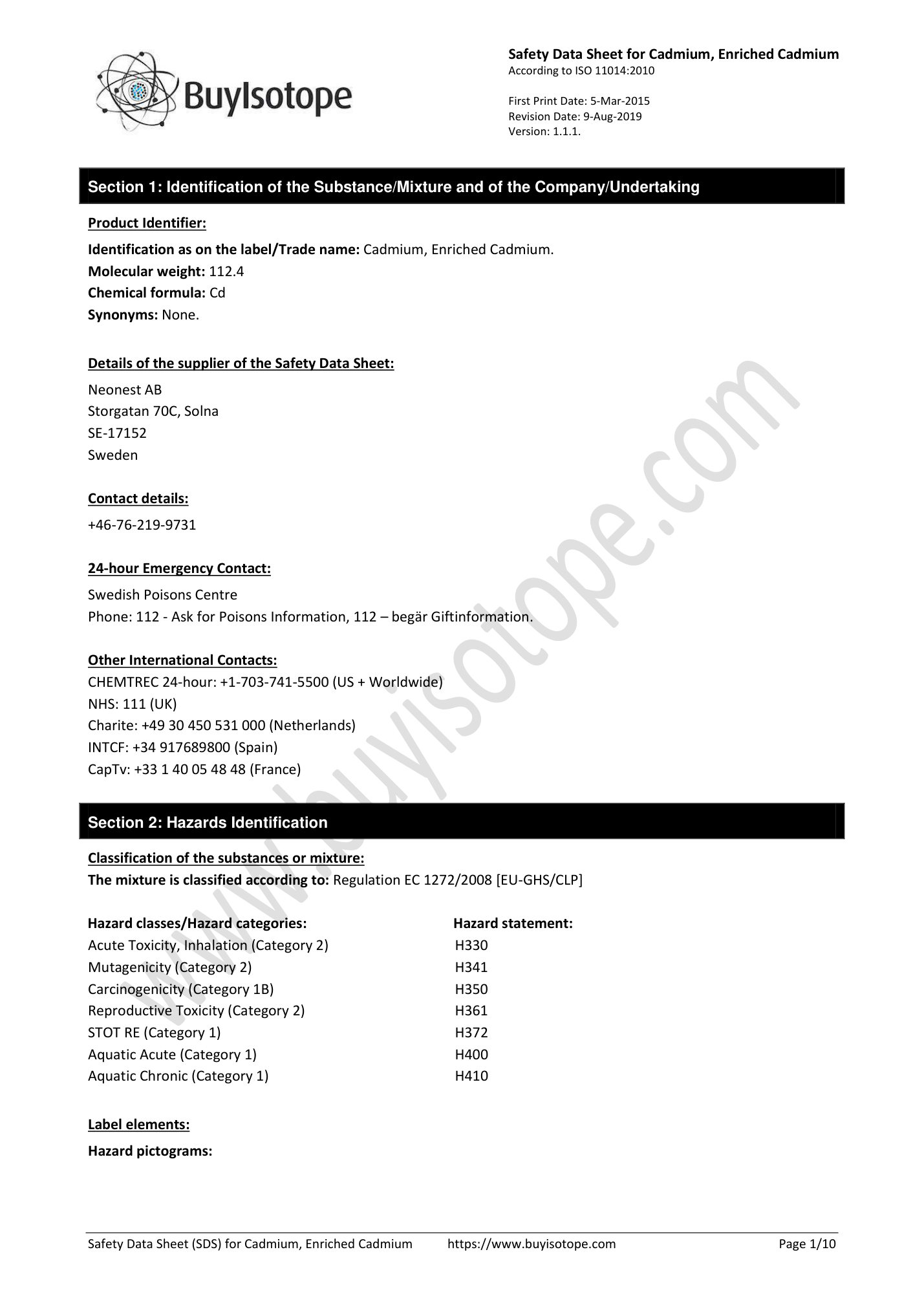 Cadmium metal safety data sheet — page 1