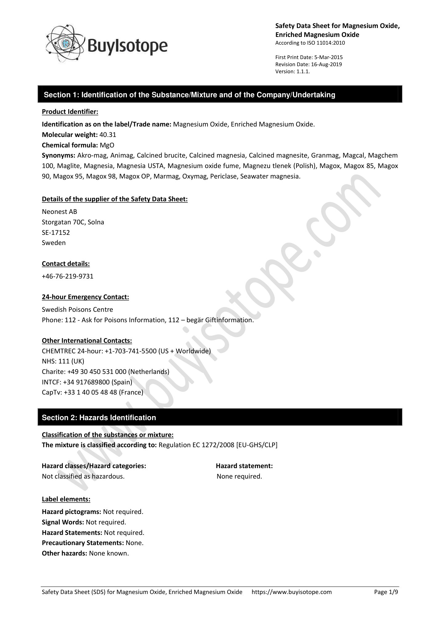 Magnesium-24 oxide safety data sheet — page 1