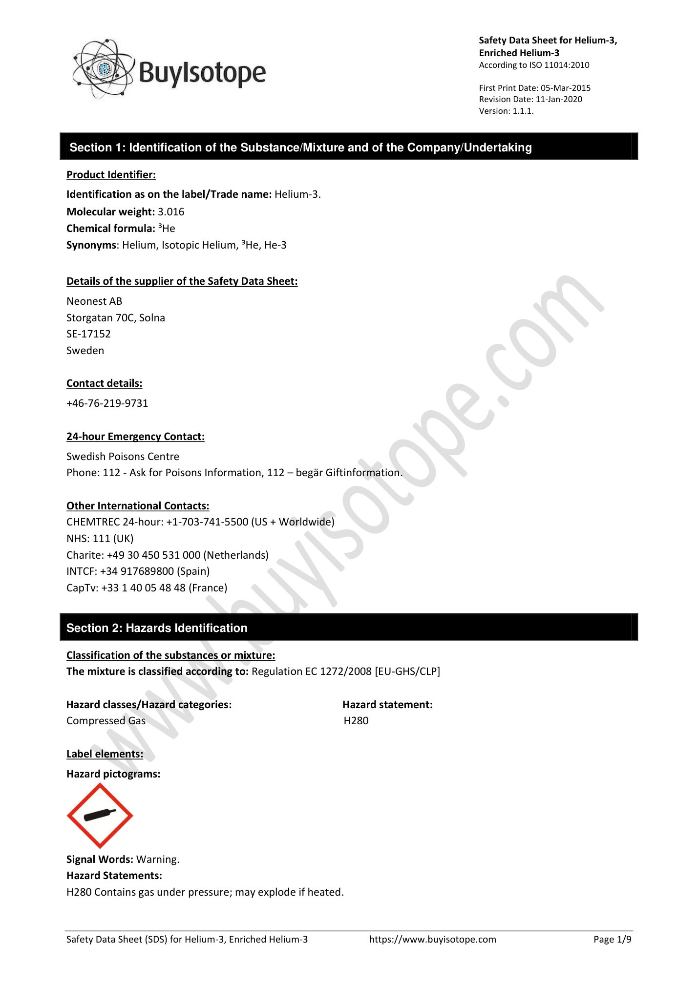 Helium gas safety data sheet — page 1
