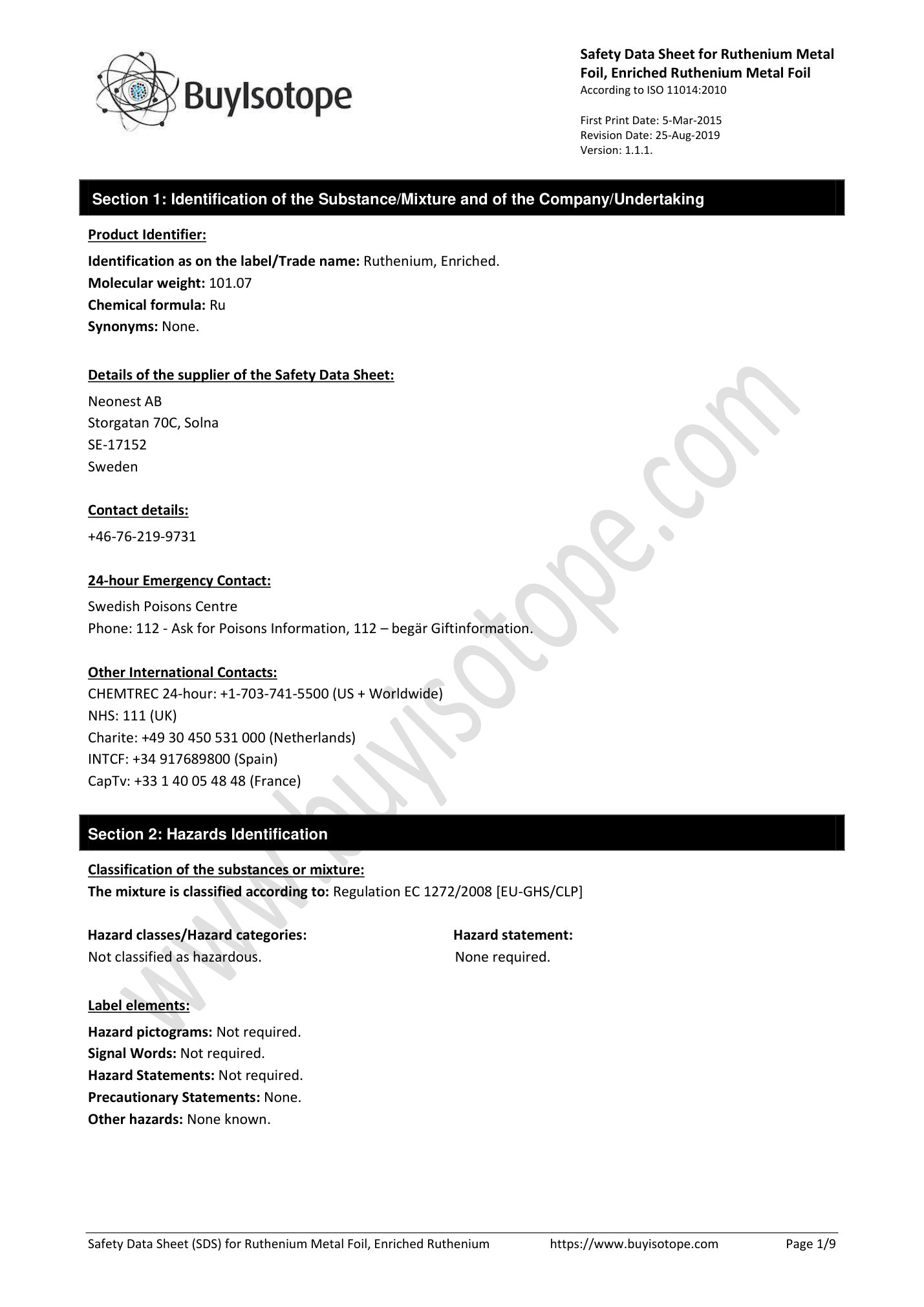 Ruthenium metal foil safety data sheet — page 1