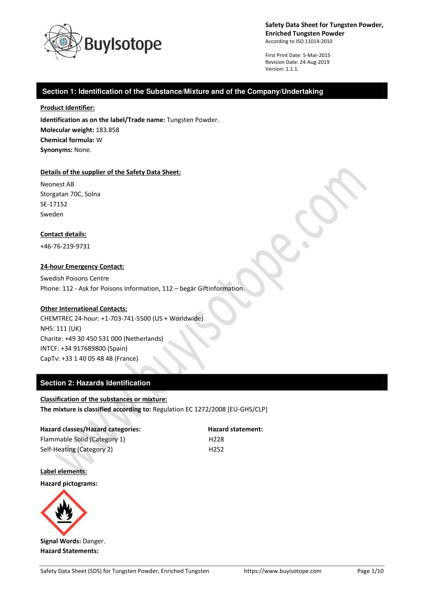 Tungsten-184 metal powder safety data sheet — page 1