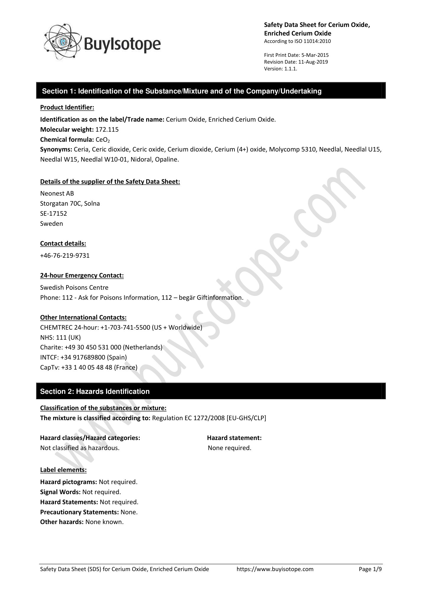 Cerium-142 oxide safety data sheet — page 1