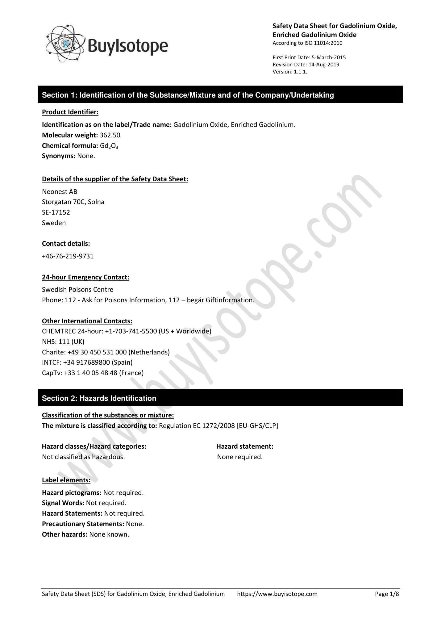 Gadolinium oxide safety data sheet — page 1