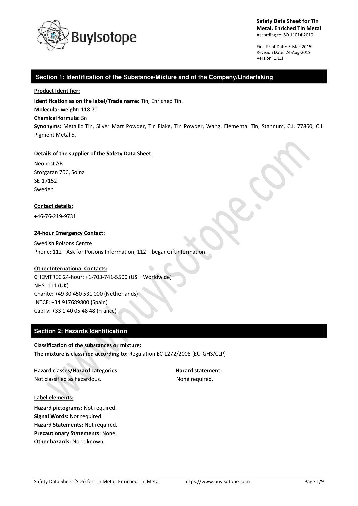 Tin metal safety data sheet — page 1