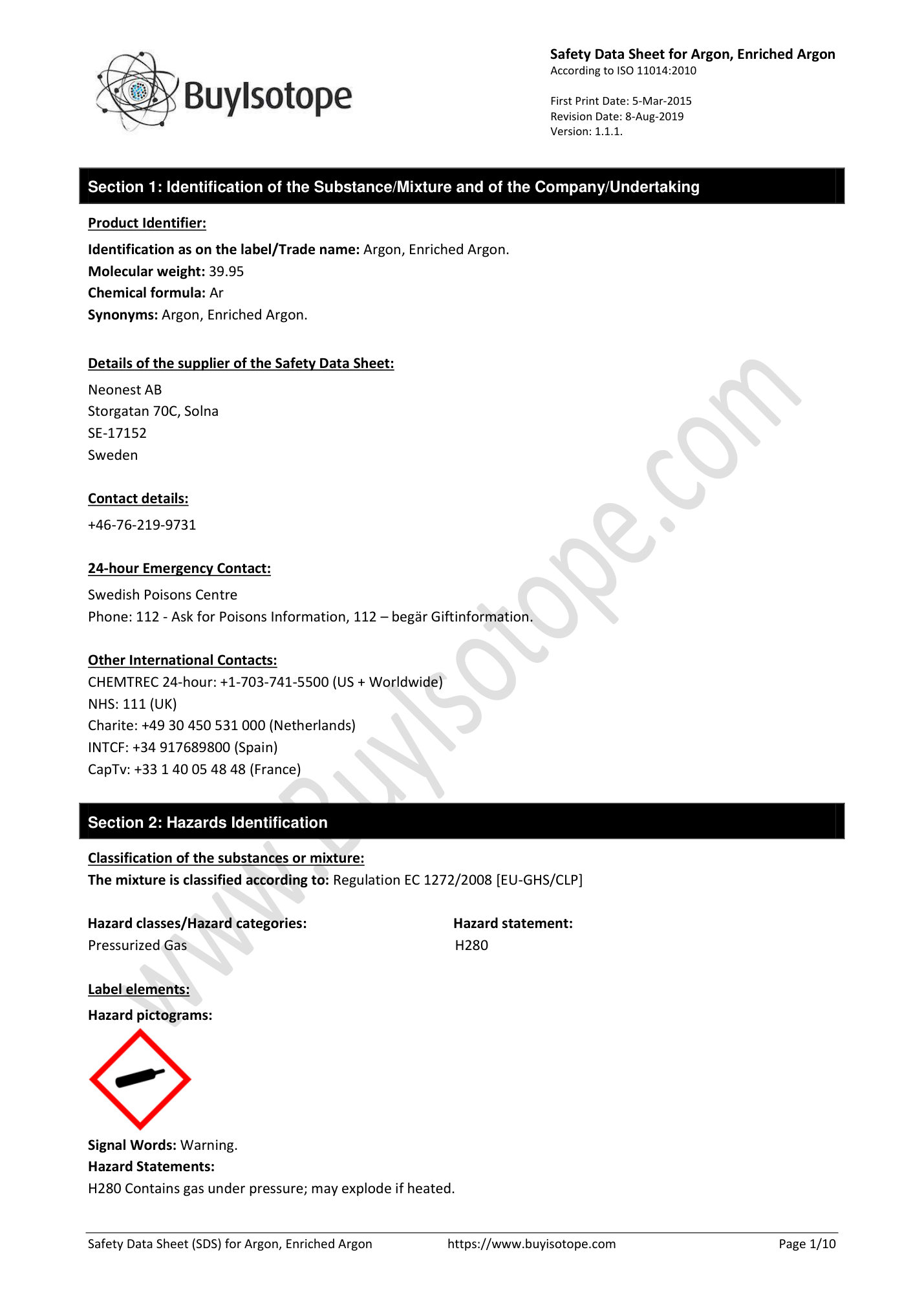 Argon gas safety data sheet — page 1