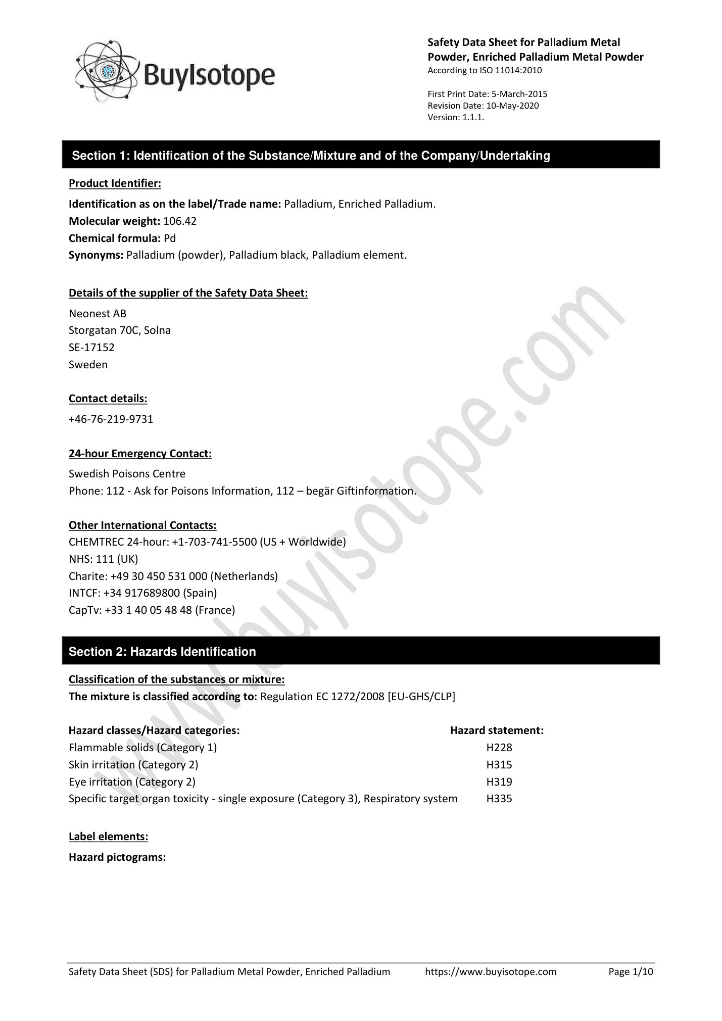 Palladium metal powder safety data sheet — page 1