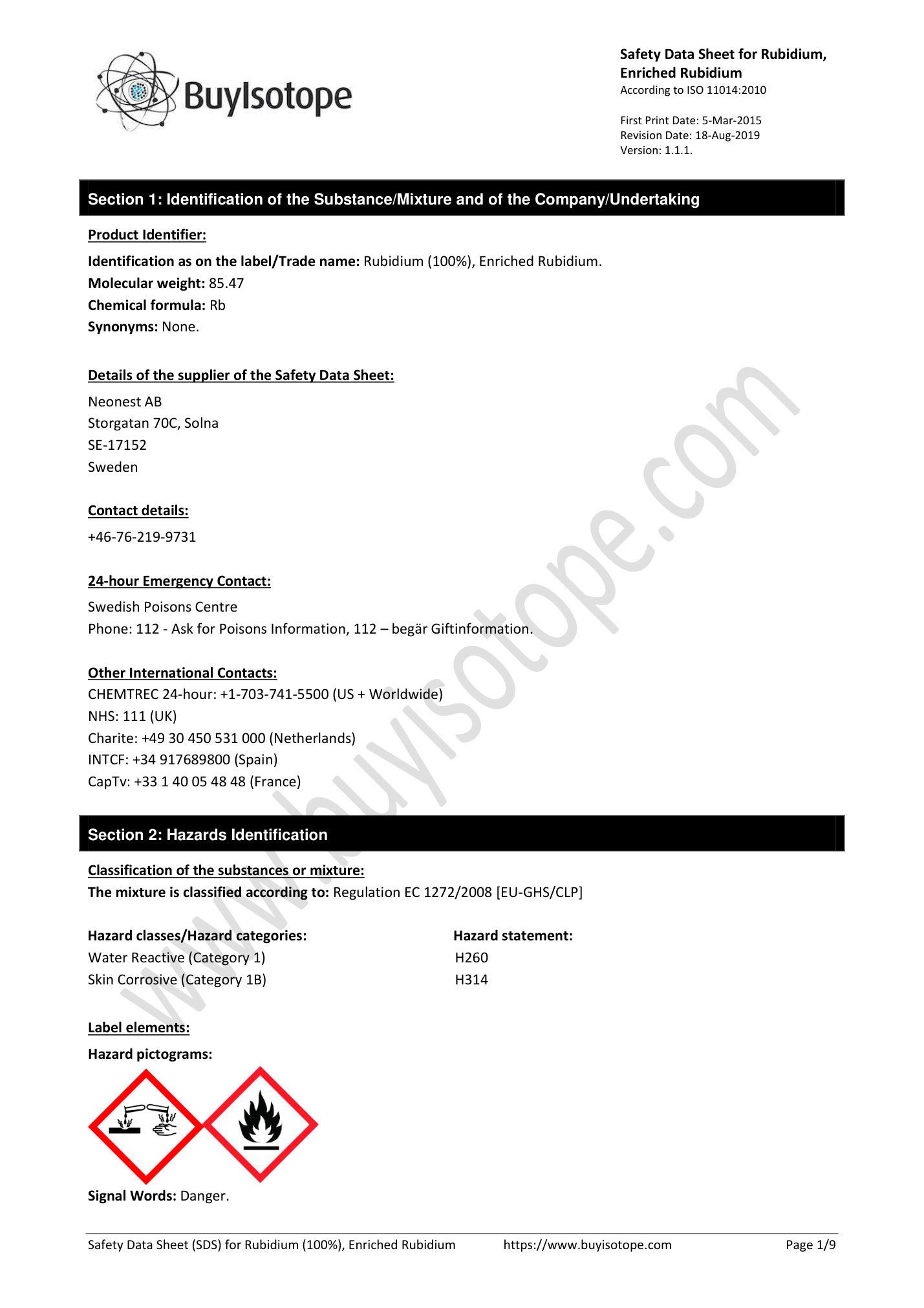 Rubidium metal safety data sheet — page 1