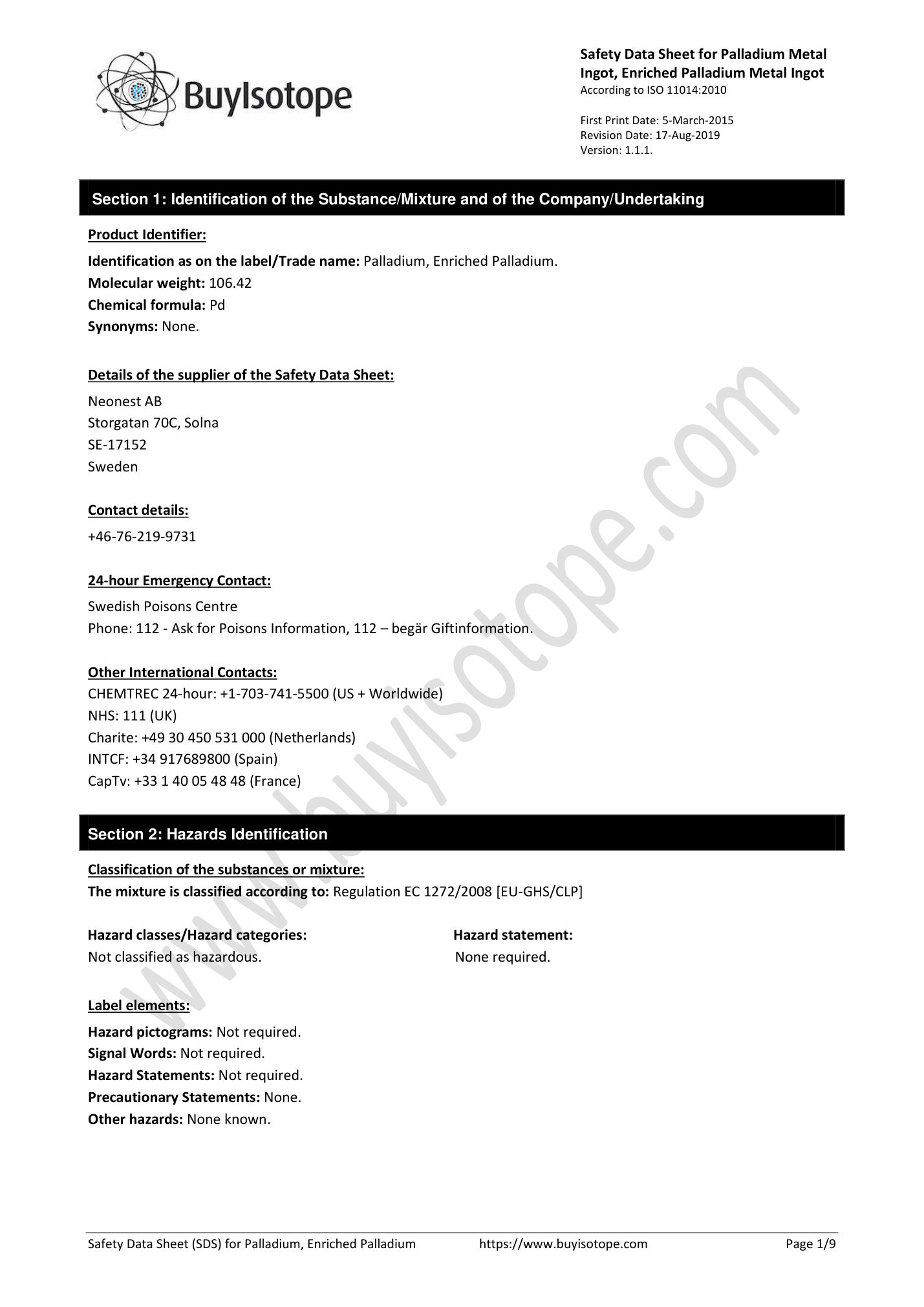 Palladium metal ingot safety data sheet — page 1