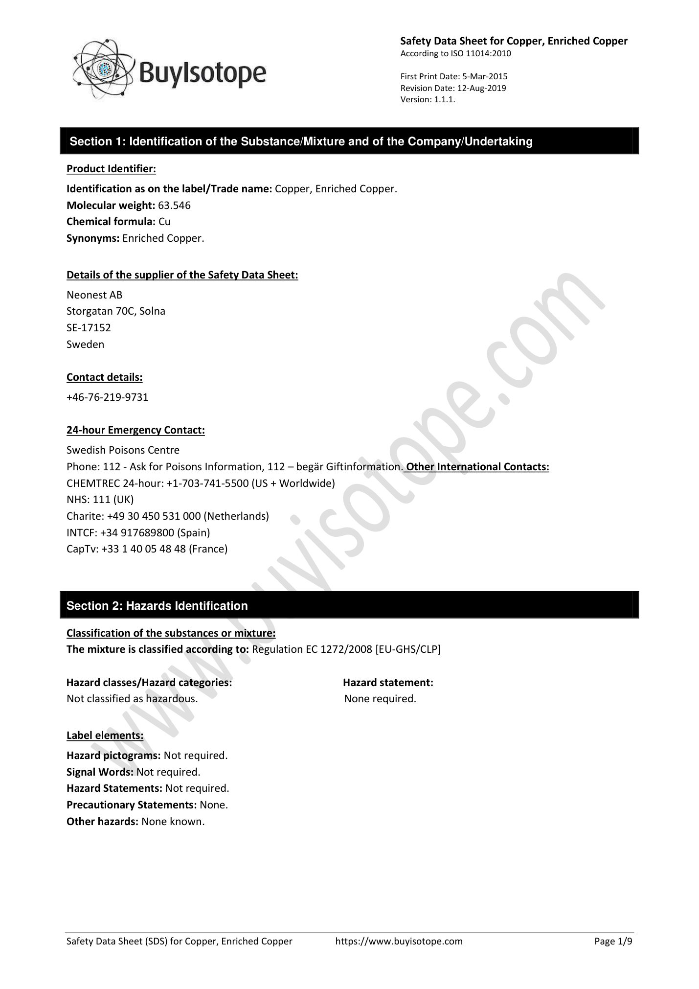 Copper metal safety data sheet — page 1