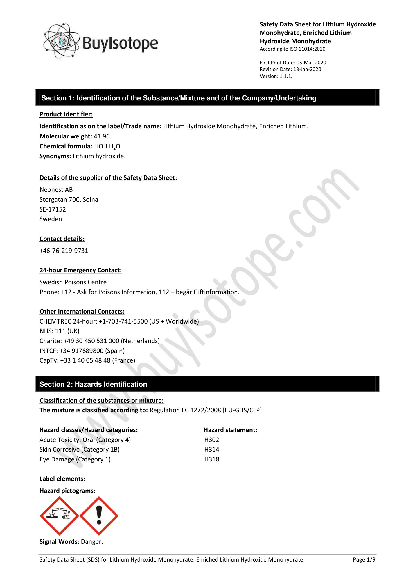 Lithium-6 hydroxide monohydrate safety data sheet — page 1