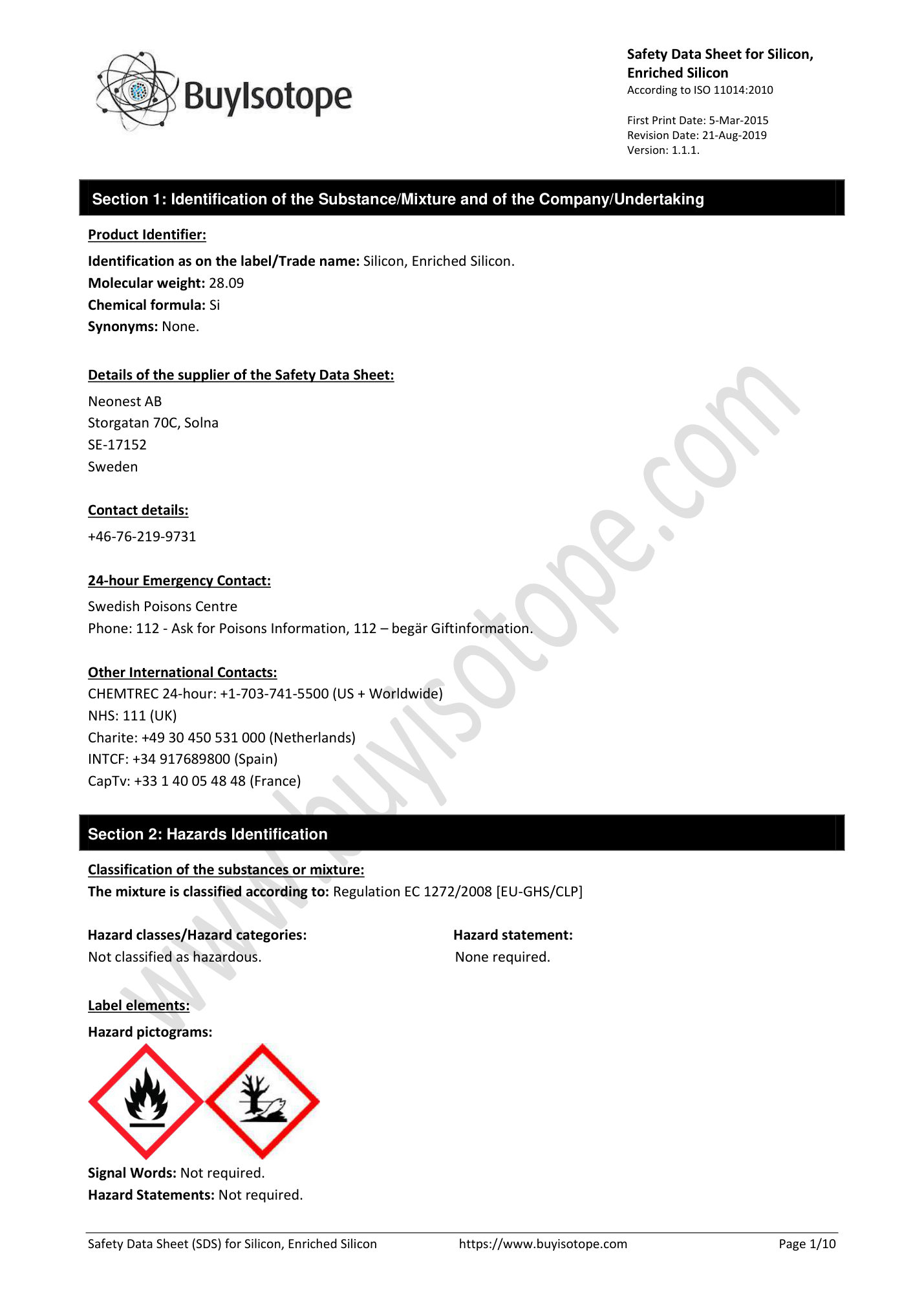 Silicon elemental safety data sheet — page 1
