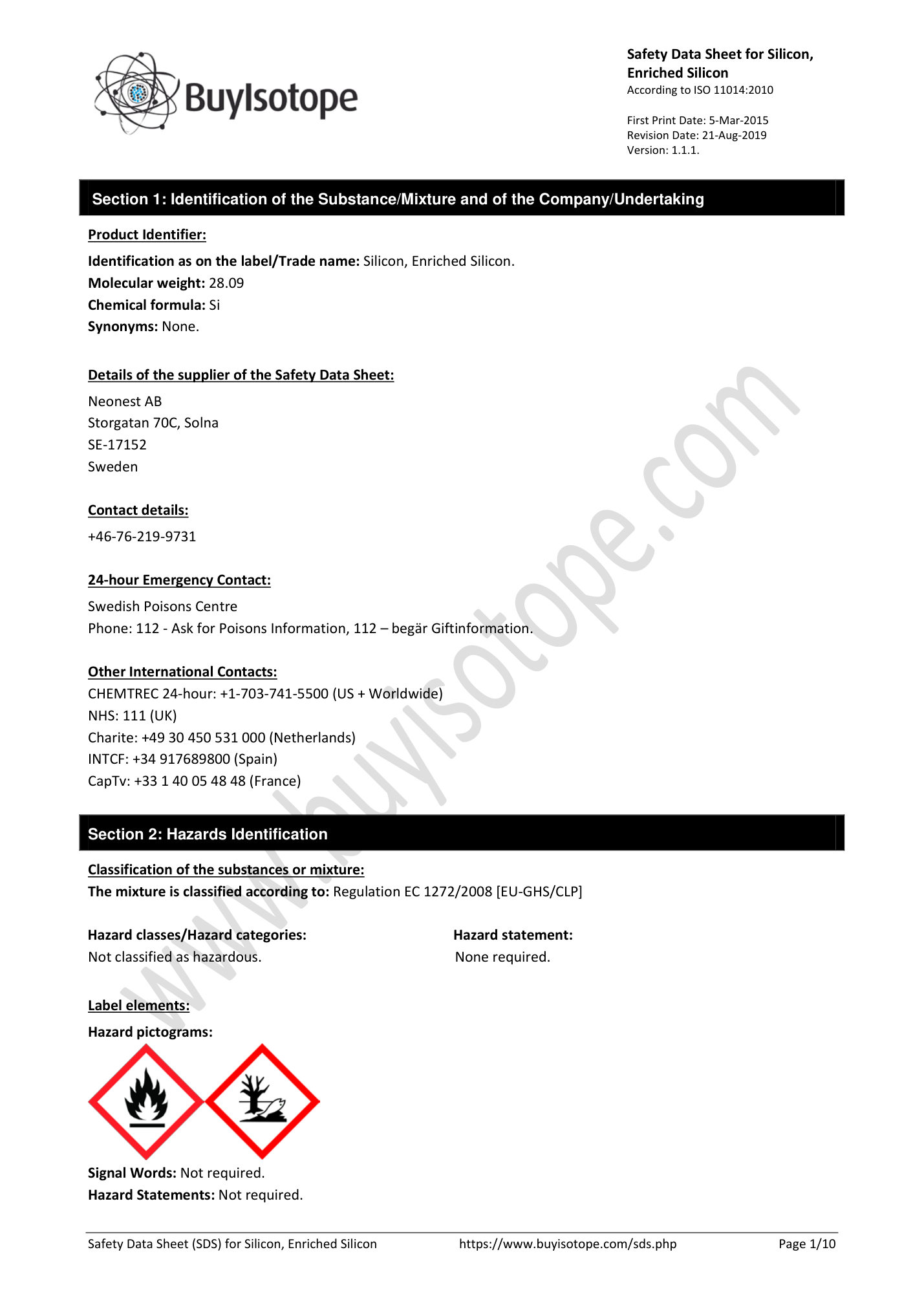 Silicon solid safety data sheet — page 1
