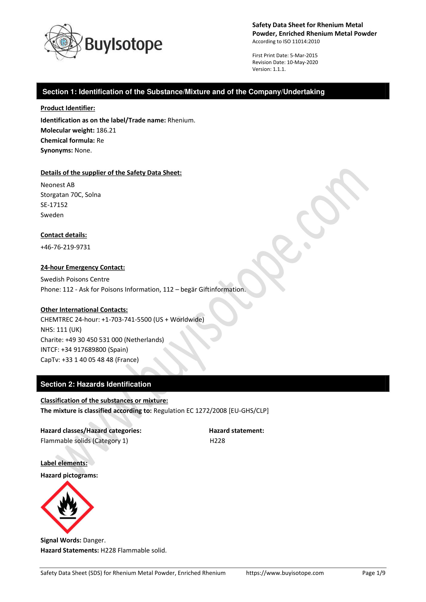 Rhenium metal powder safety data sheet — page 1