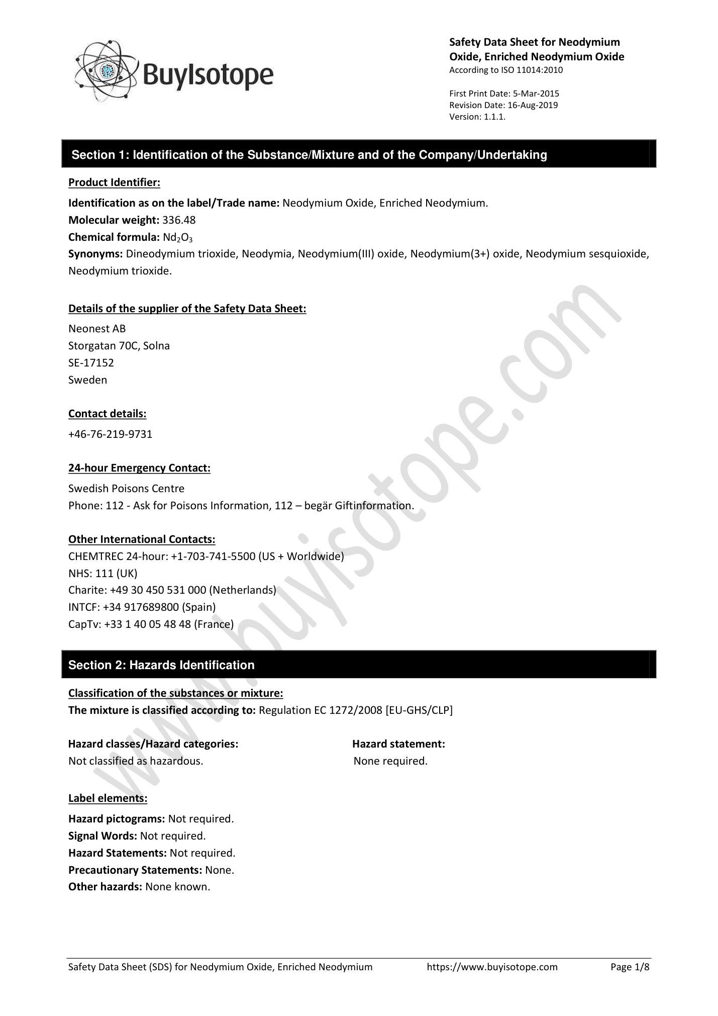 Neodymium oxide safety data sheet — page 1
