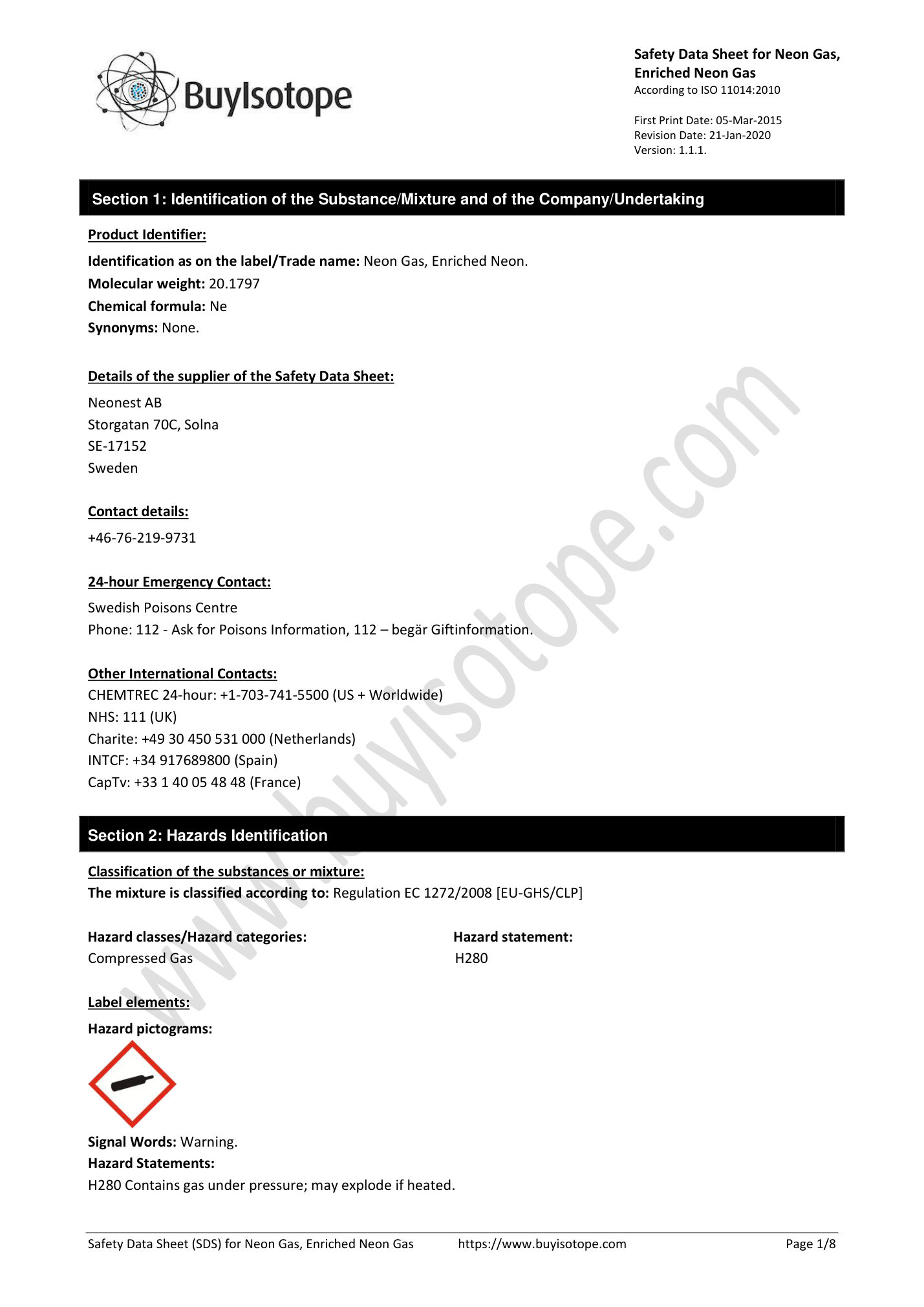 Neon gas safety data sheet — page 1
