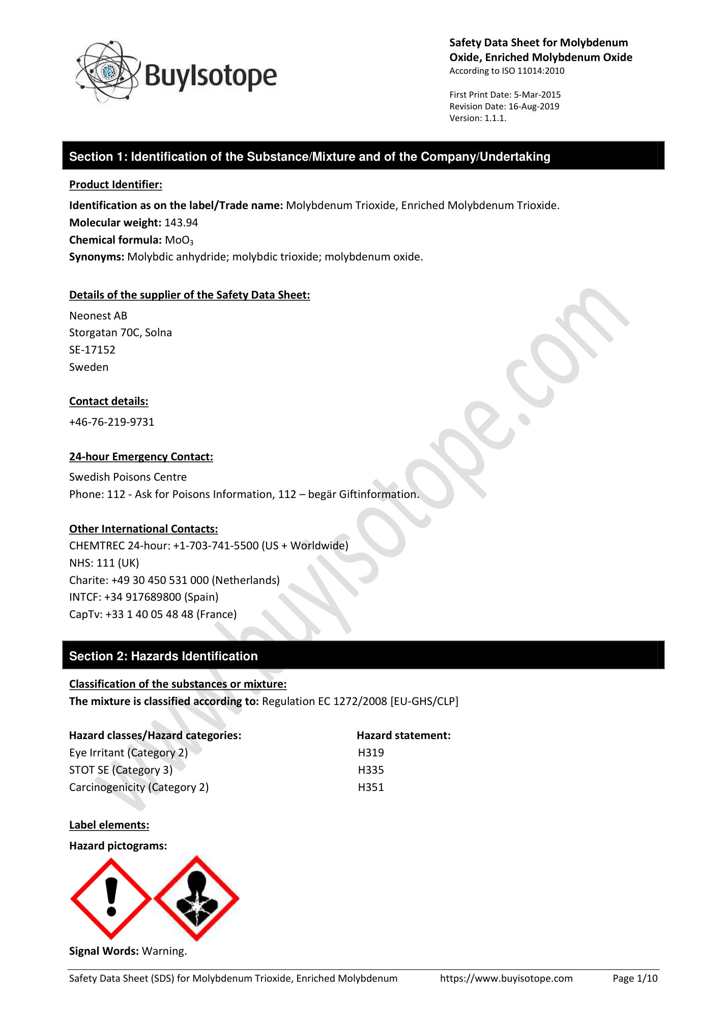 Molybdenum-92 oxide safety data sheet — page 1