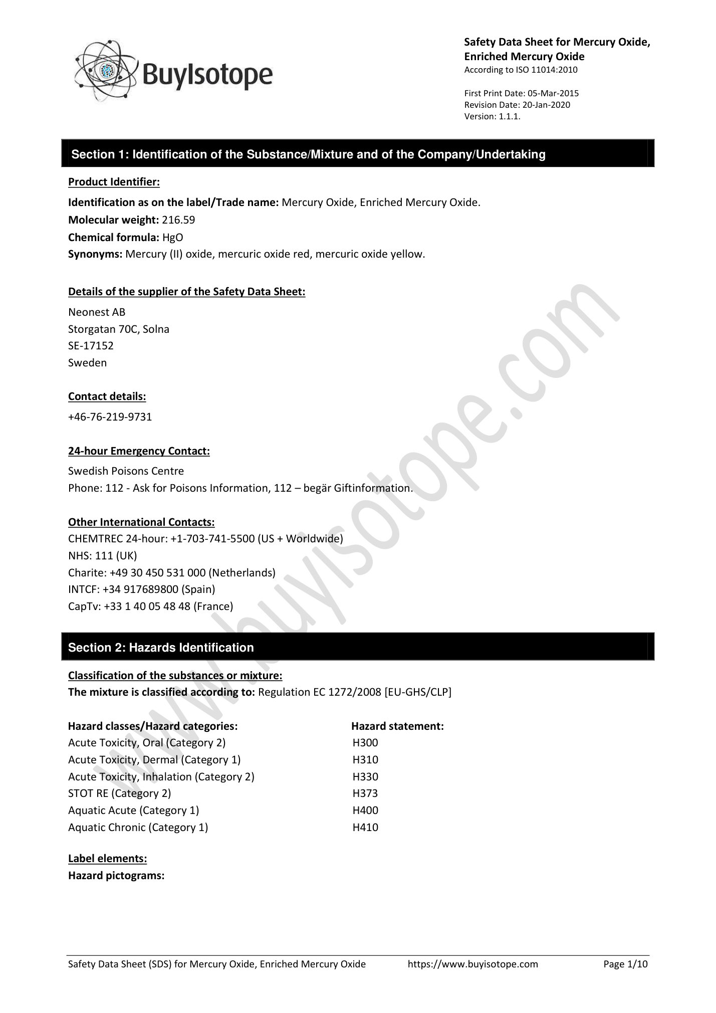 Mercury oxide safety data sheet — page 1