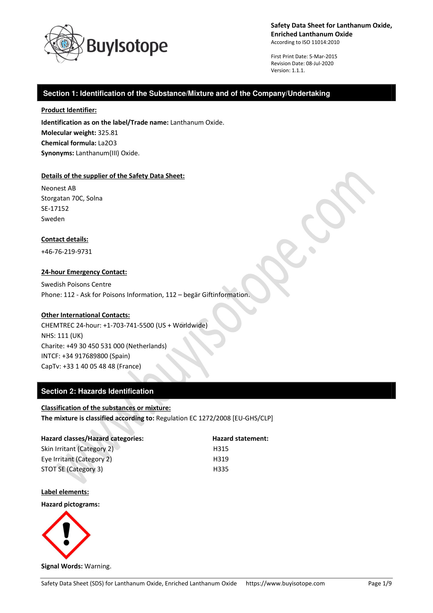 Lanthanum oxide safety data sheet — page 1
