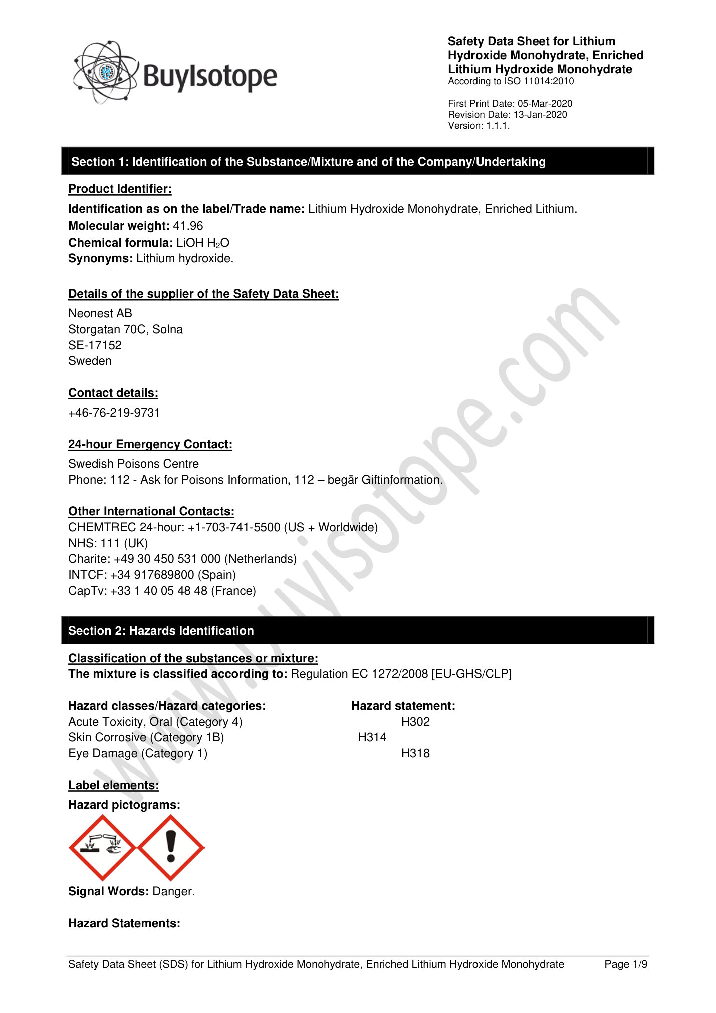 Lithium hydroxide monohydrate safety data sheet — page 1
