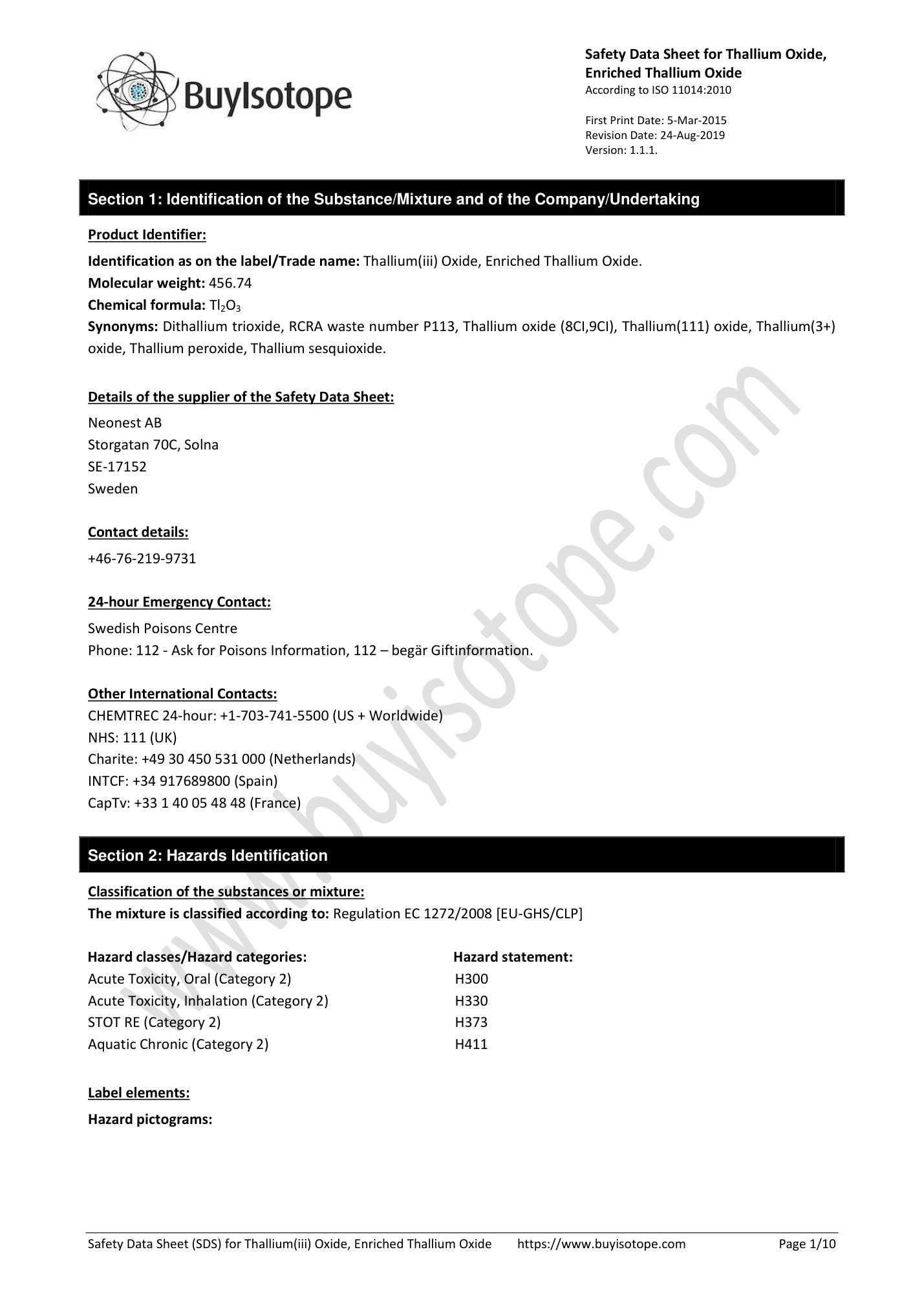 Thallium-203 oxide safety data sheet — page 1