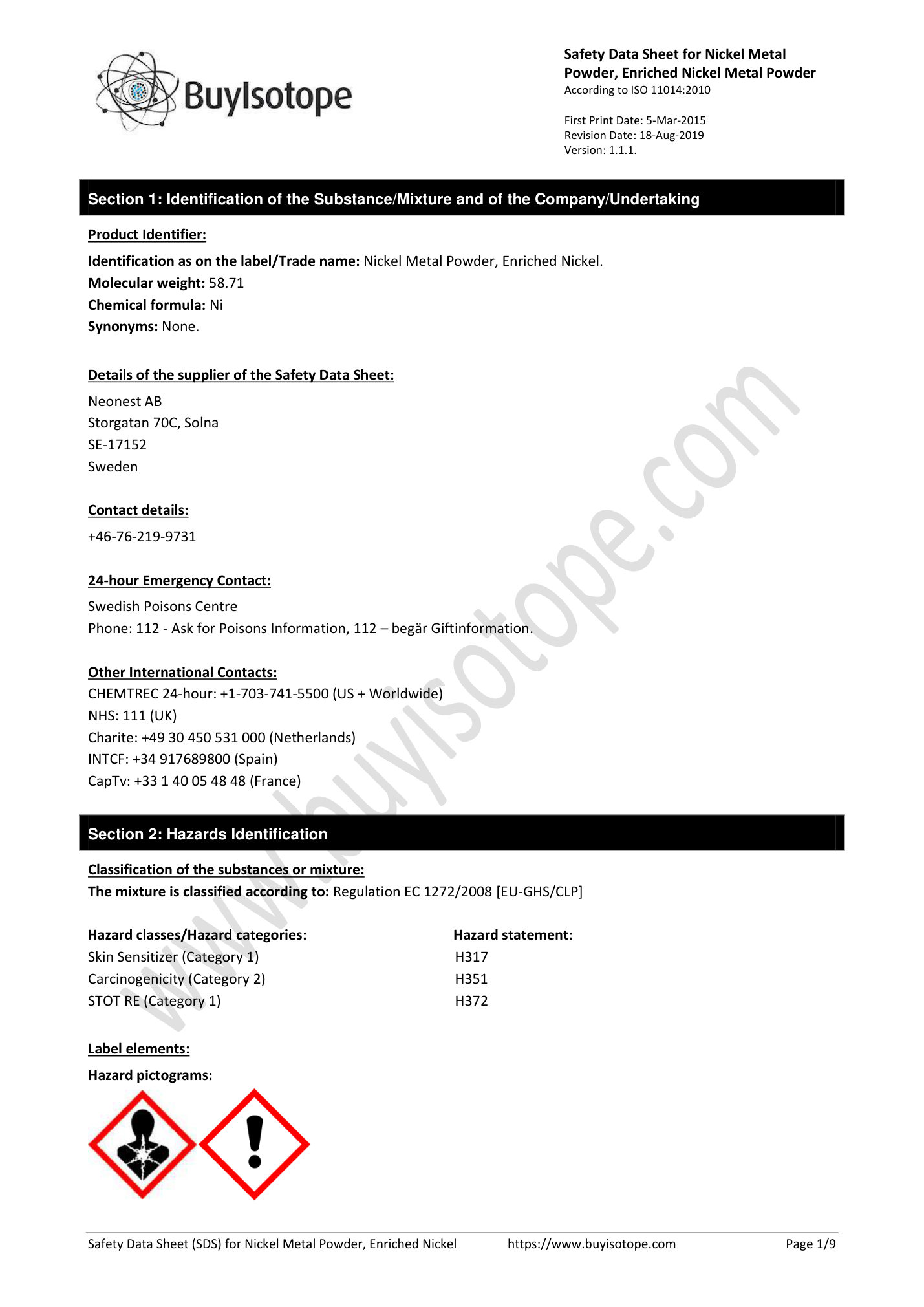 Nickel-60 metal powder safety data sheet — page 1