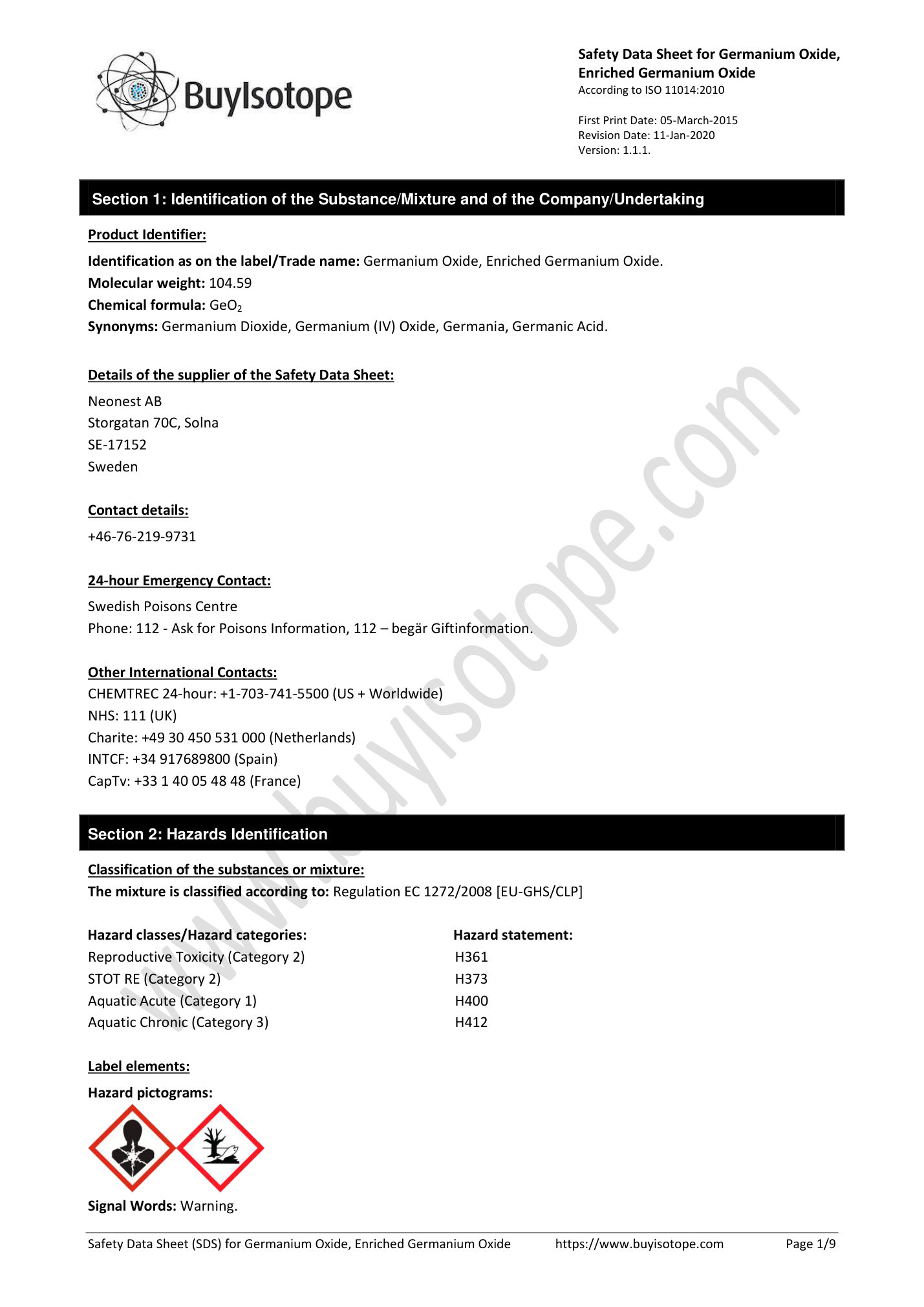 Germanium-72 oxide safety data sheet — page 1
