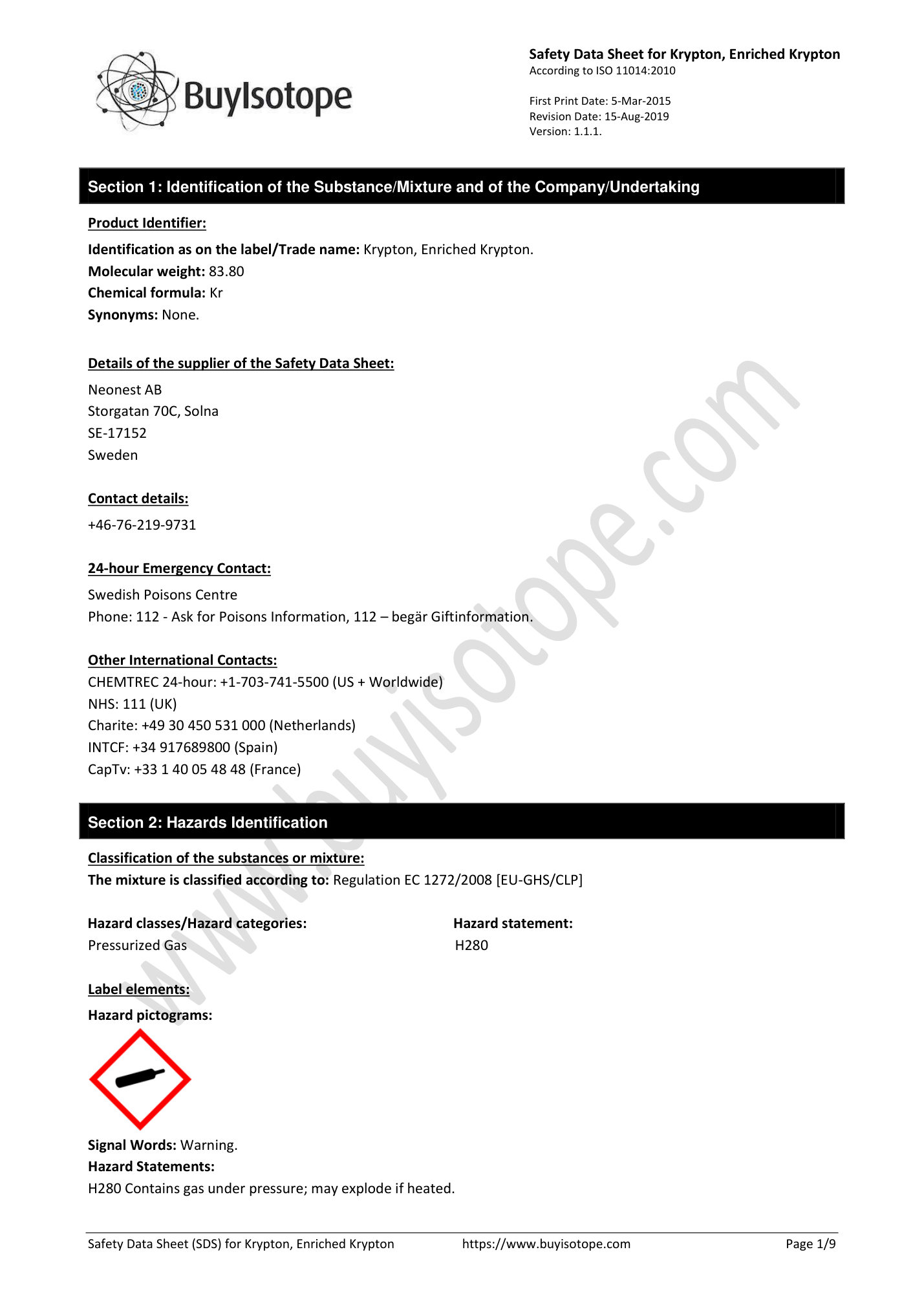 Krypton gas safety data sheet — page 1