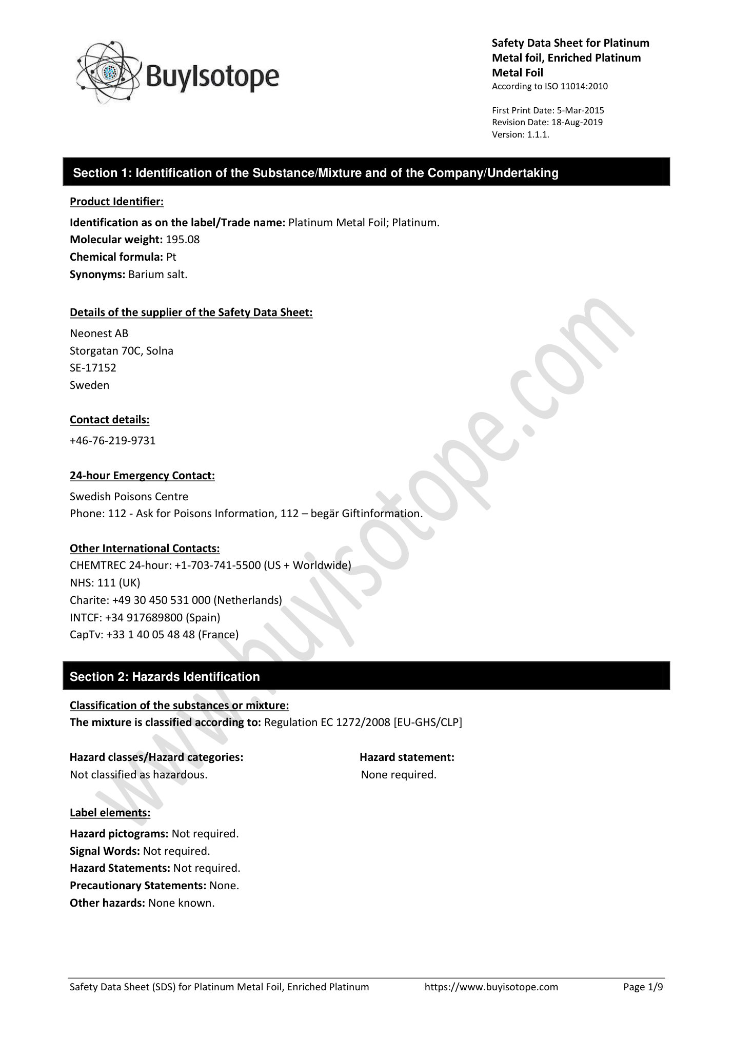 Platinum-196 metal foil safety data sheet — page 1