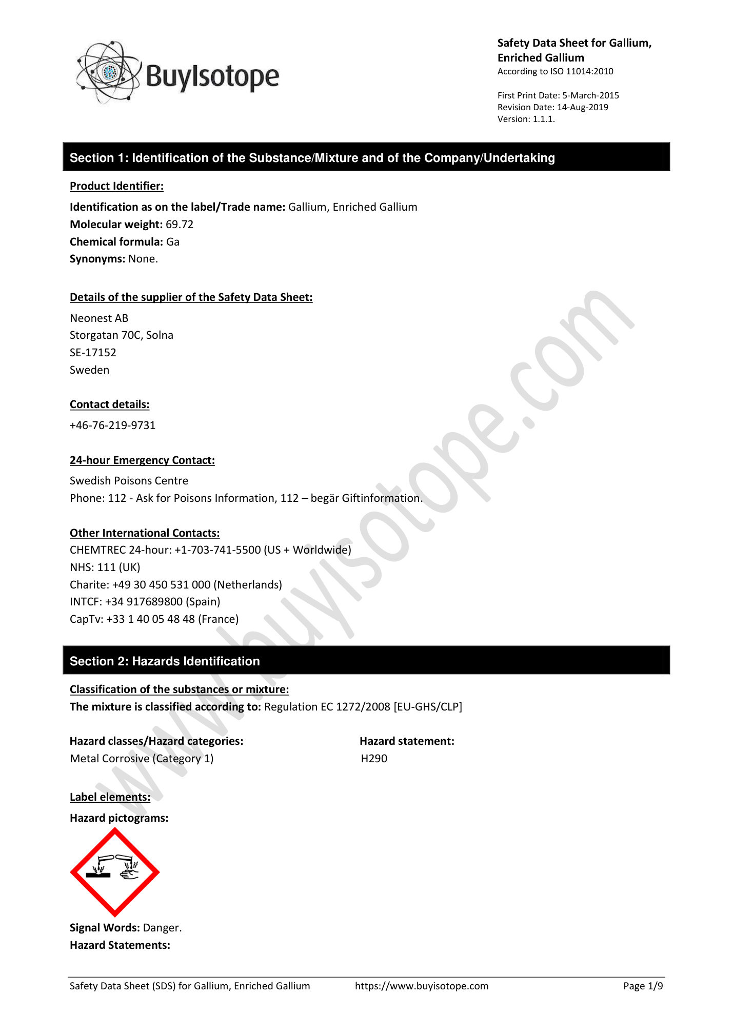 Gallium-69 metal safety data sheet — page 1