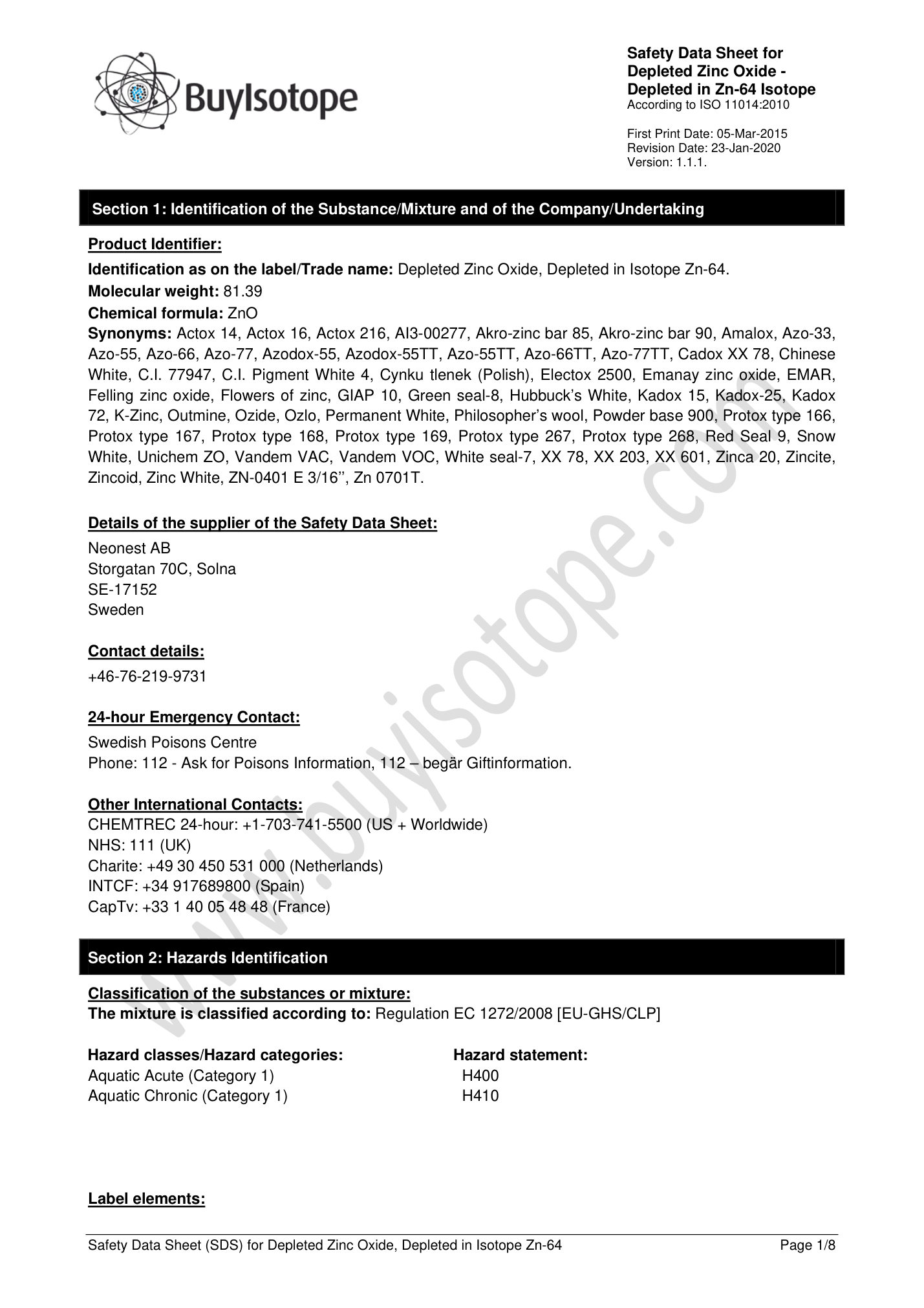 Depleted-zinc oxide safety data sheet — page 1