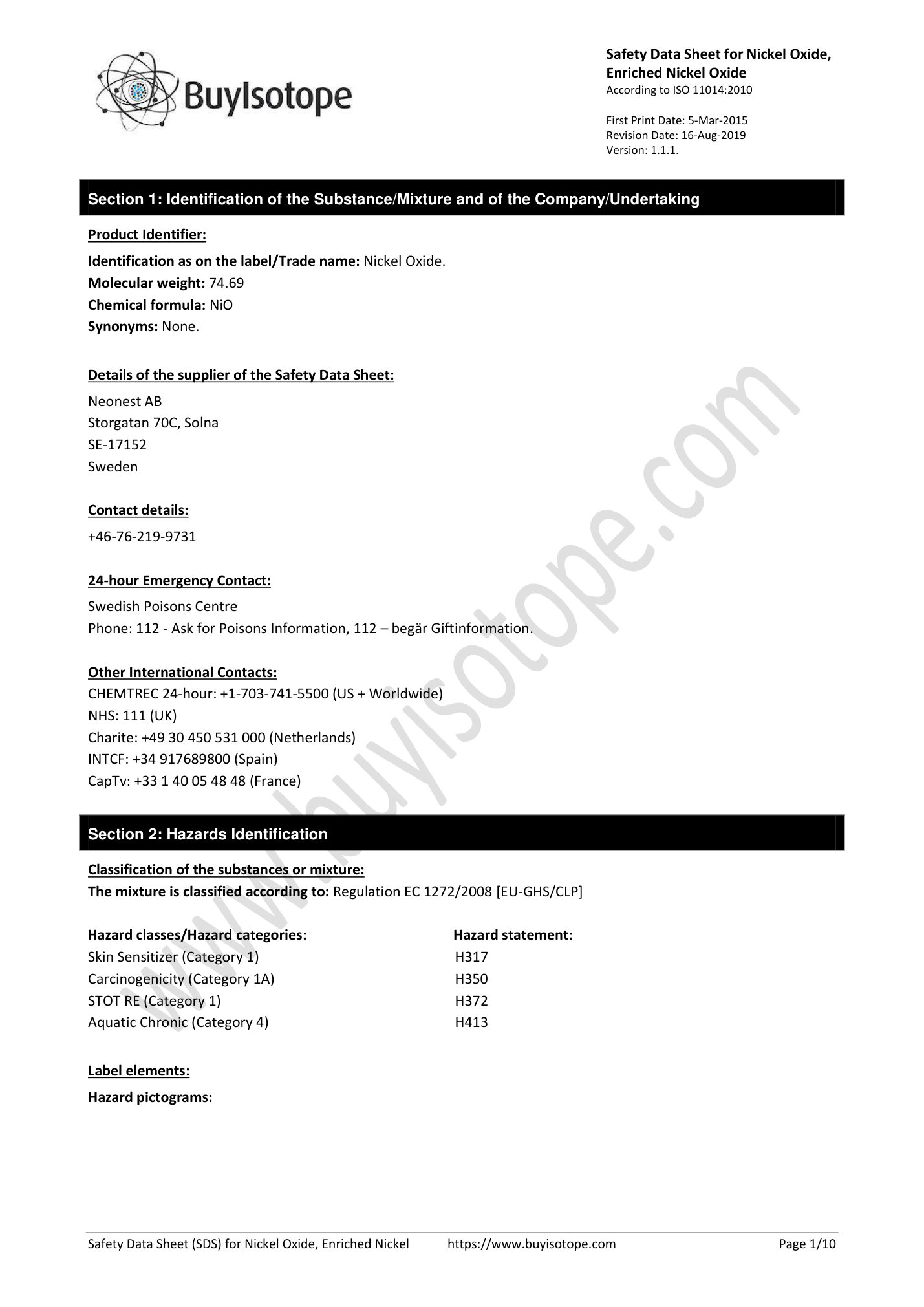 Nickel oxide safety data sheet — page 1