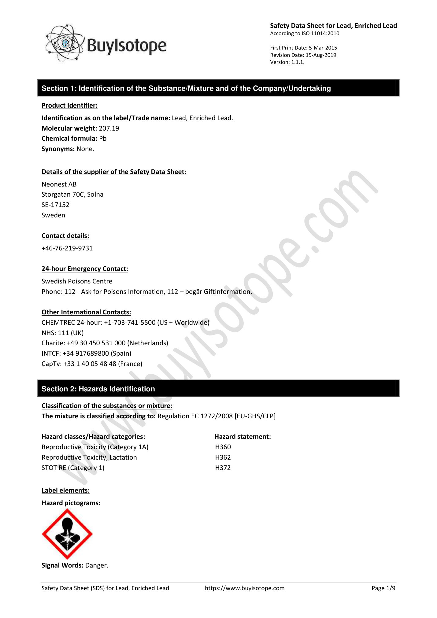 Lead-207 metal safety data sheet — page 1