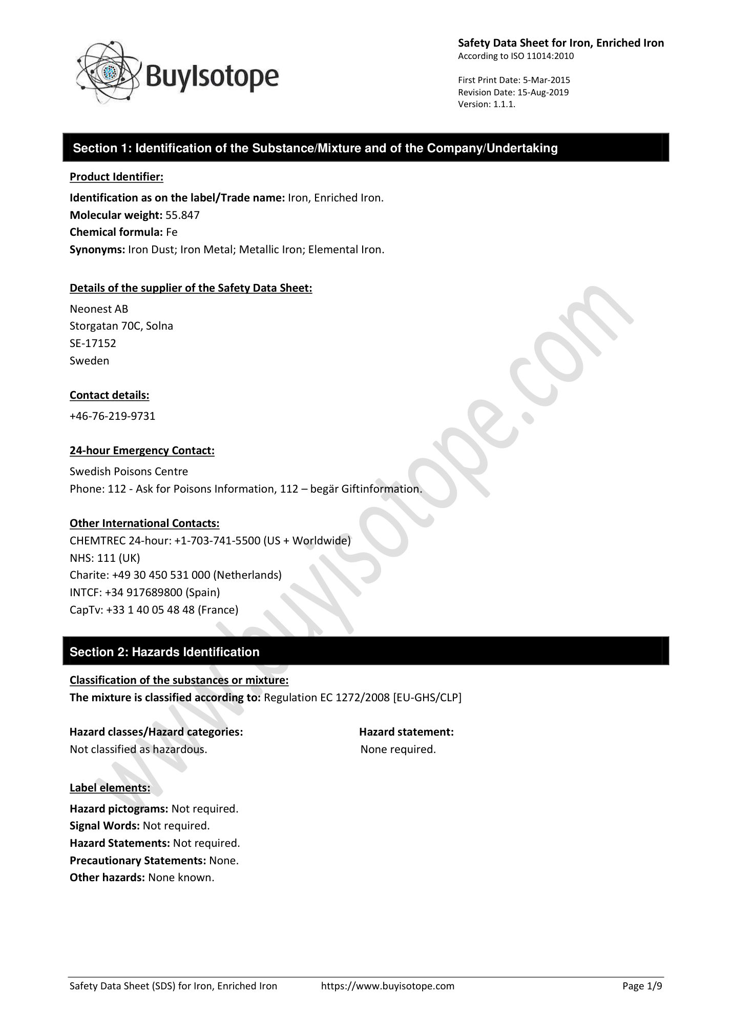 Iron metal safety data sheet — page 1